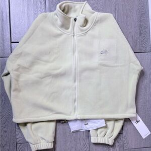 Alo Yoga Neon Lime Green Cropped Zip-Up Fleece Jacket- L